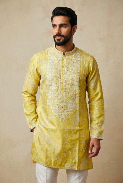 Yellow Pure Simmer Silk Embroidery Sequins Work With Printed Kurta Pajama