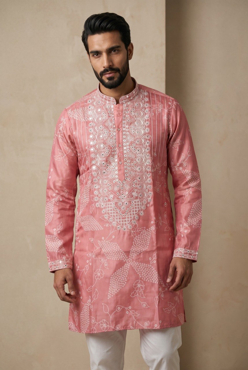 Pink Pure Simmer Silk Embroidery Sequins Work With Printed Kurta Pajama
