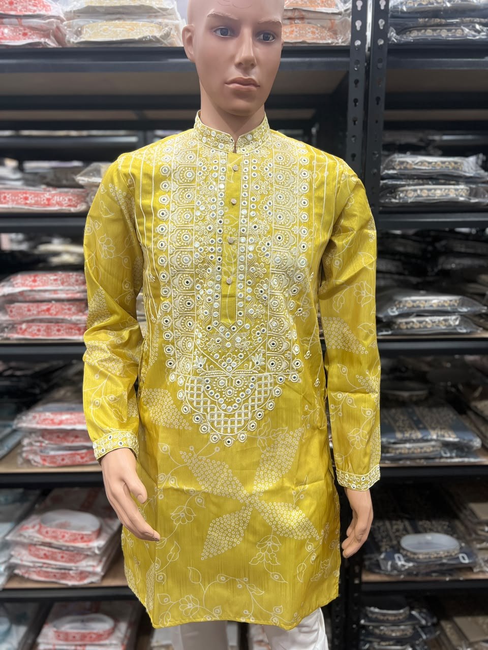 Yellow Pure Simmer Silk Embroidery Sequins Work With Printed Kurta Pajama