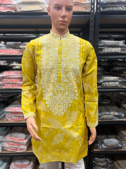 Yellow Pure Simmer Silk Embroidery Sequins Work With Printed Kurta Pajama