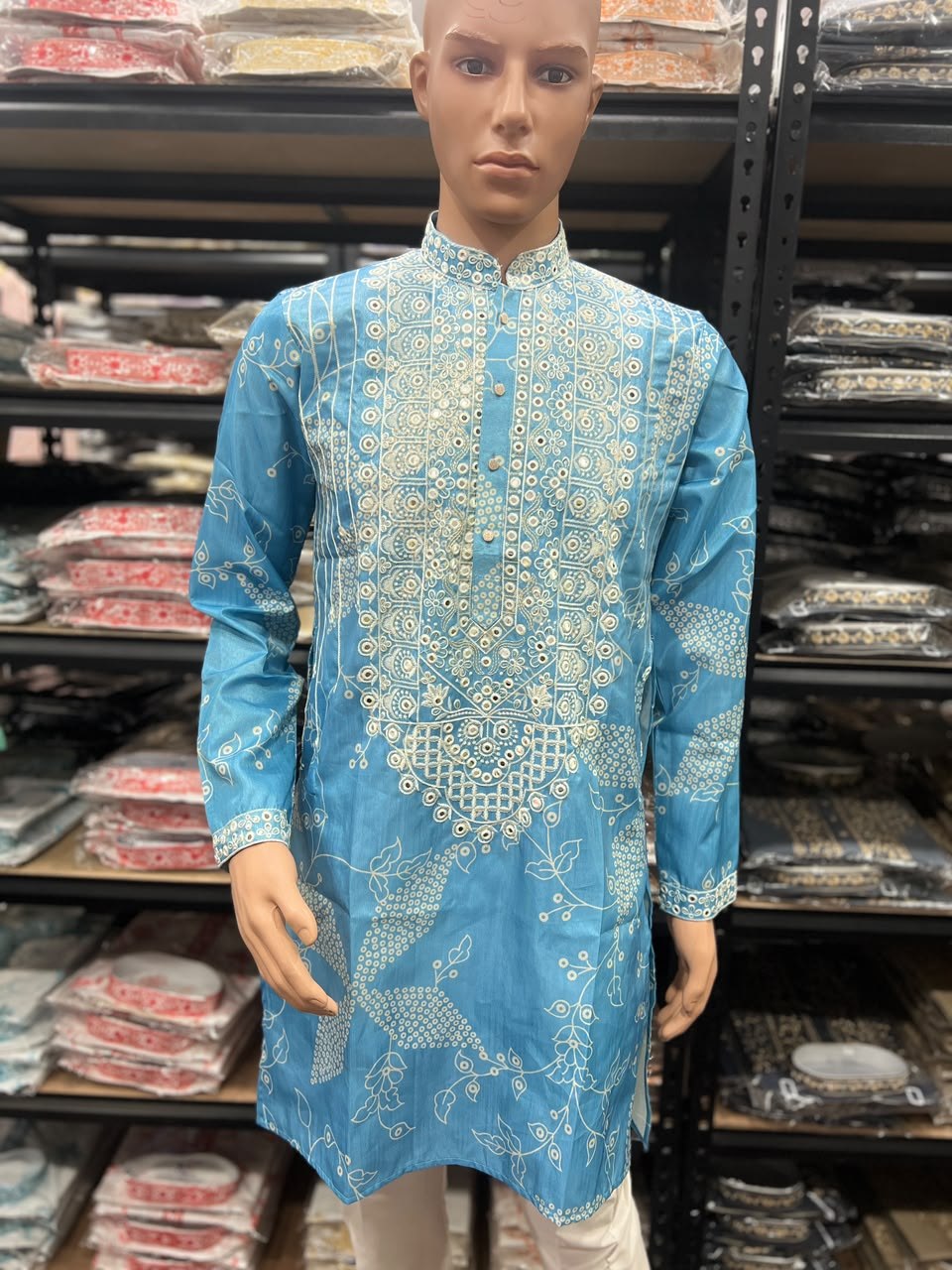 Sky Pure Simmer Silk Embroidery Sequins Work With Printed Kurta Pajama