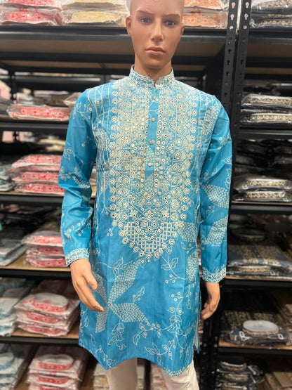 Sky Pure Simmer Silk Embroidery Sequins Work With Printed Kurta Pajama