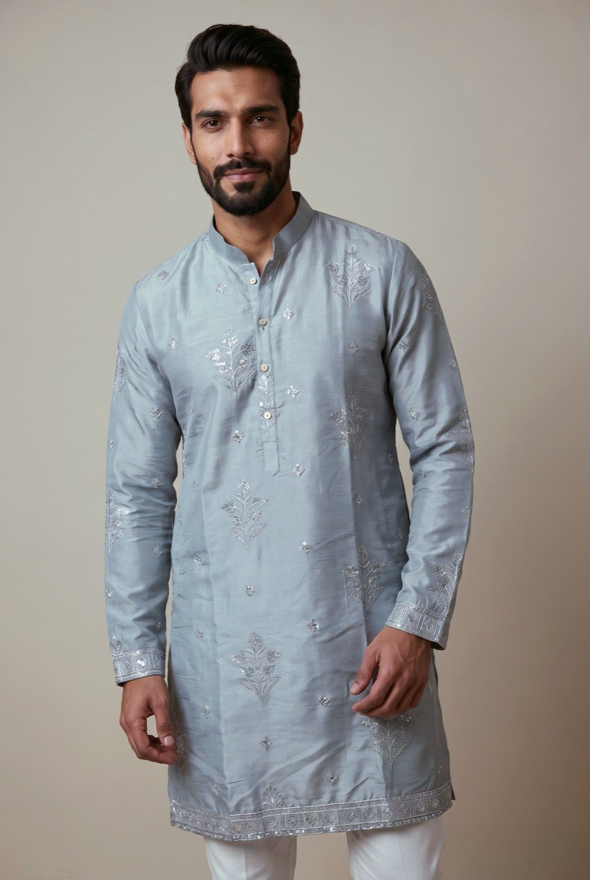 Grey Pure Earth Silk Heavy Embroidery Sequins Work Kurta Pajama