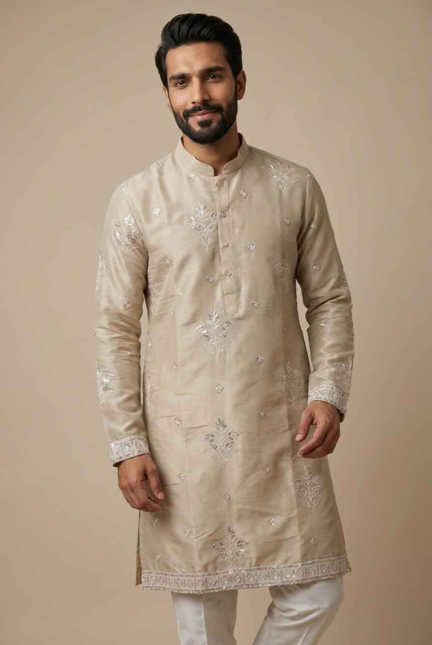 Cream Pure Earth Silk Heavy Embroidery Sequins Work Kurta Pajama