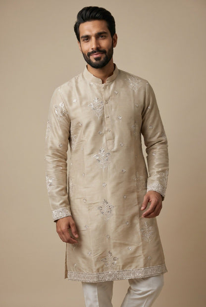 Cream Pure Earth Silk Heavy Embroidery Sequins Work Kurta Pajama