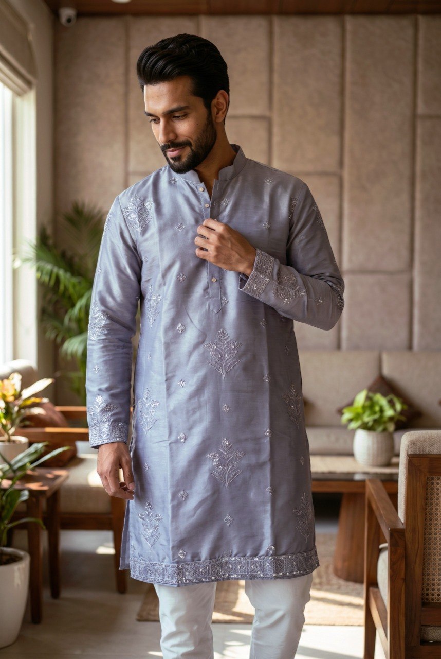 Lavender Pure Earth Silk Heavy Embroidery Sequins Work Kurta Pajama