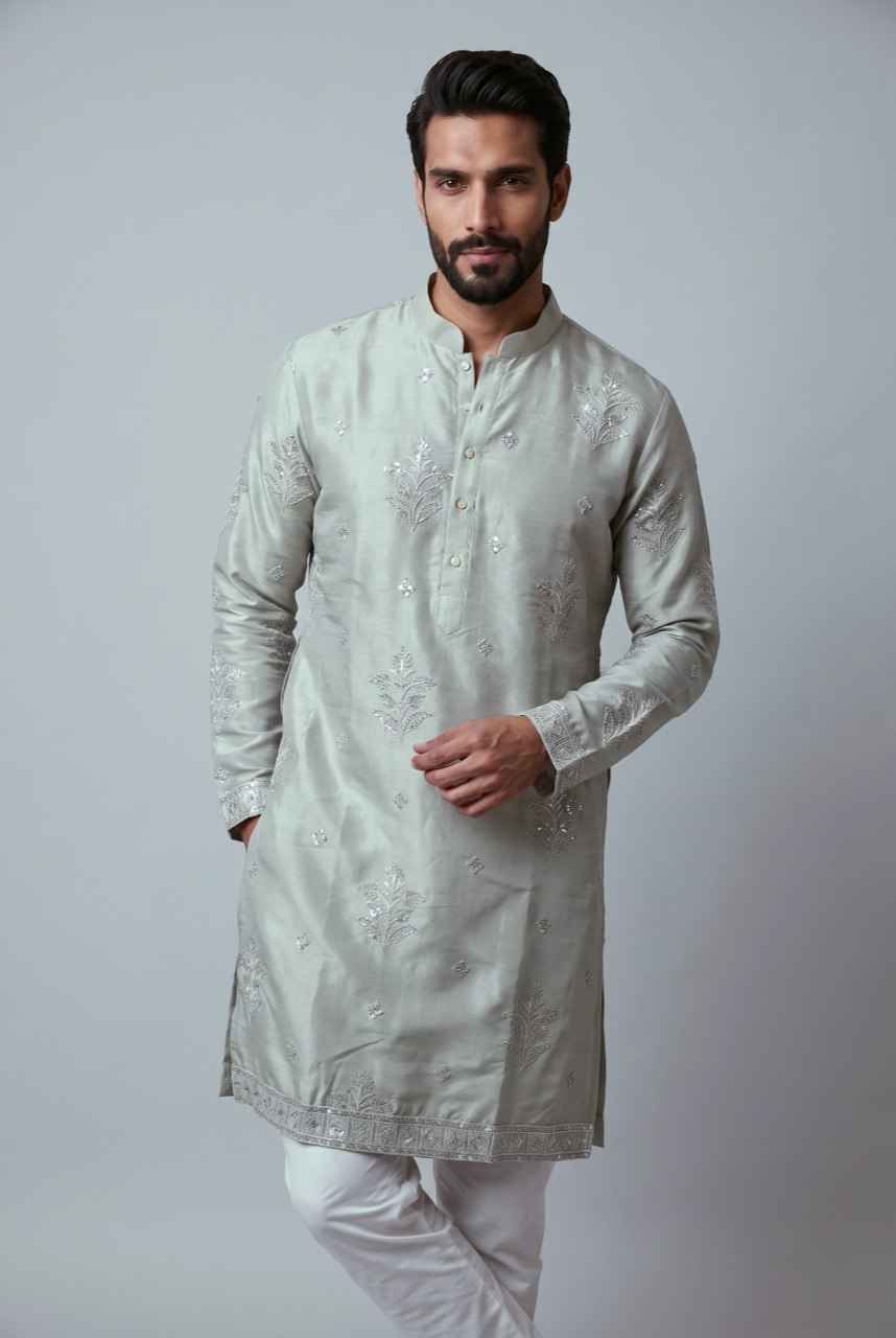 Light Green Pure Earth Silk Heavy Embroidery Sequins Work Kurta Pajama