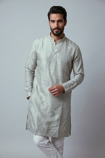 Light Green Pure Earth Silk Heavy Embroidery Sequins Work Kurta Pajama