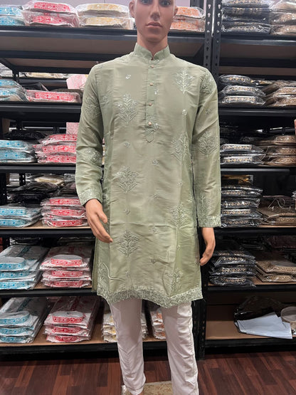 Grey Pure Earth Silk Heavy Embroidery Sequins Work Kurta Pajama