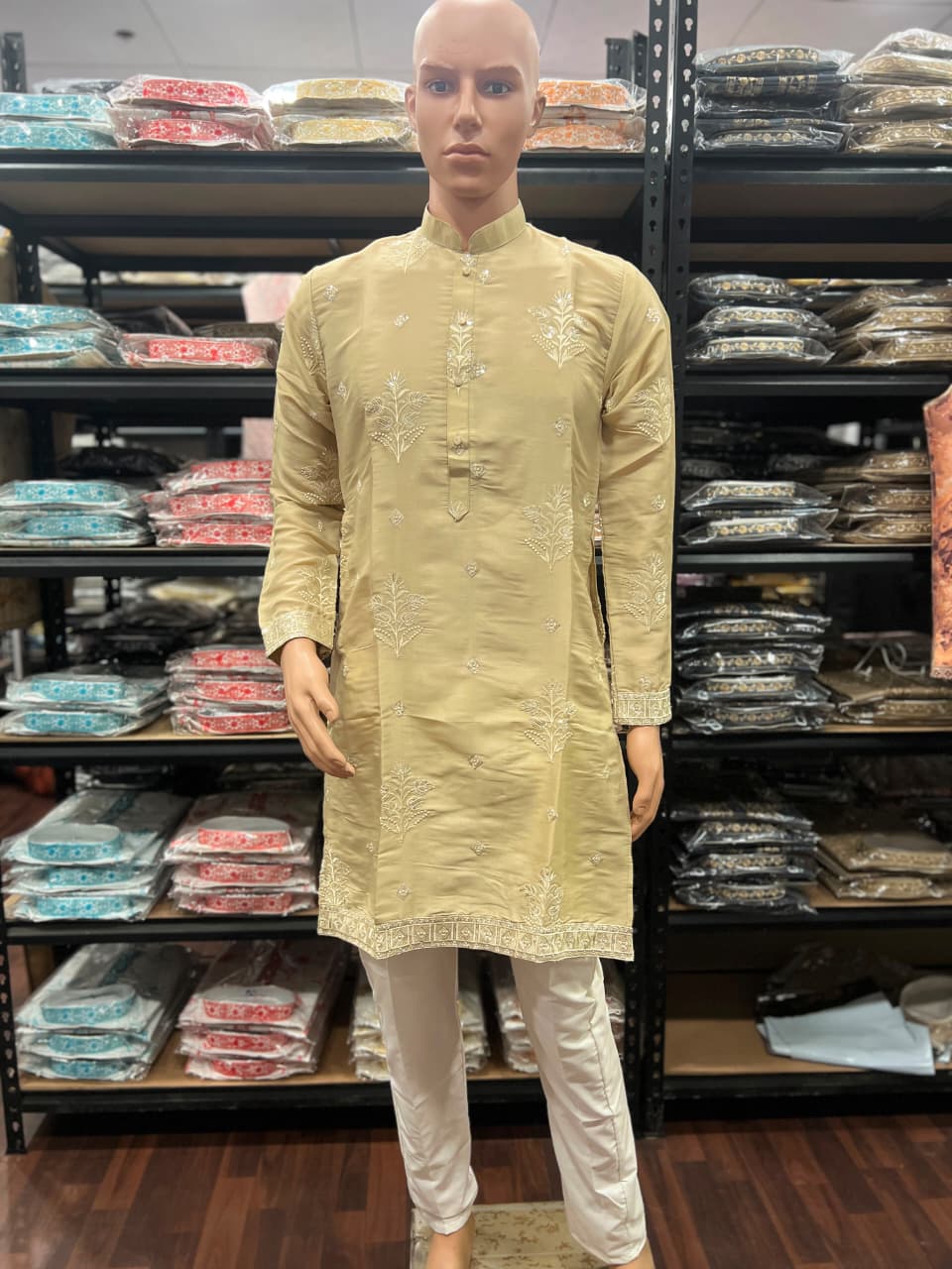 Cream Pure Earth Silk Heavy Embroidery Sequins Work Kurta Pajama