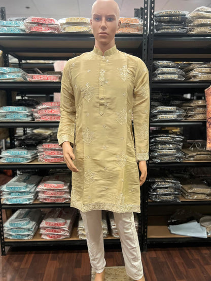 Cream Pure Earth Silk Heavy Embroidery Sequins Work Kurta Pajama