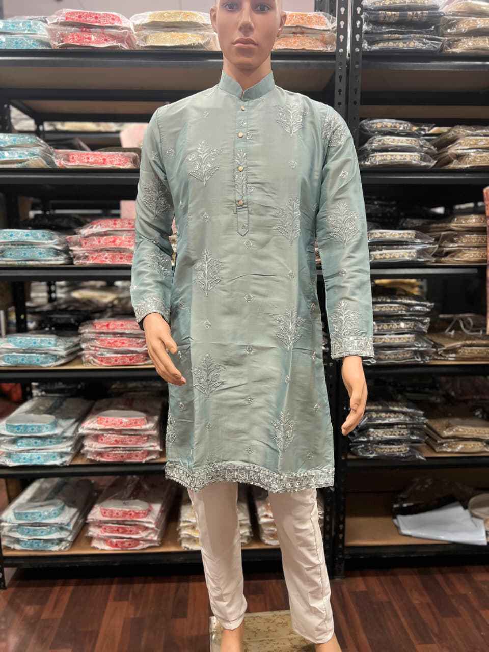 Light Green Pure Earth Silk Heavy Embroidery Sequins Work Kurta Pajama