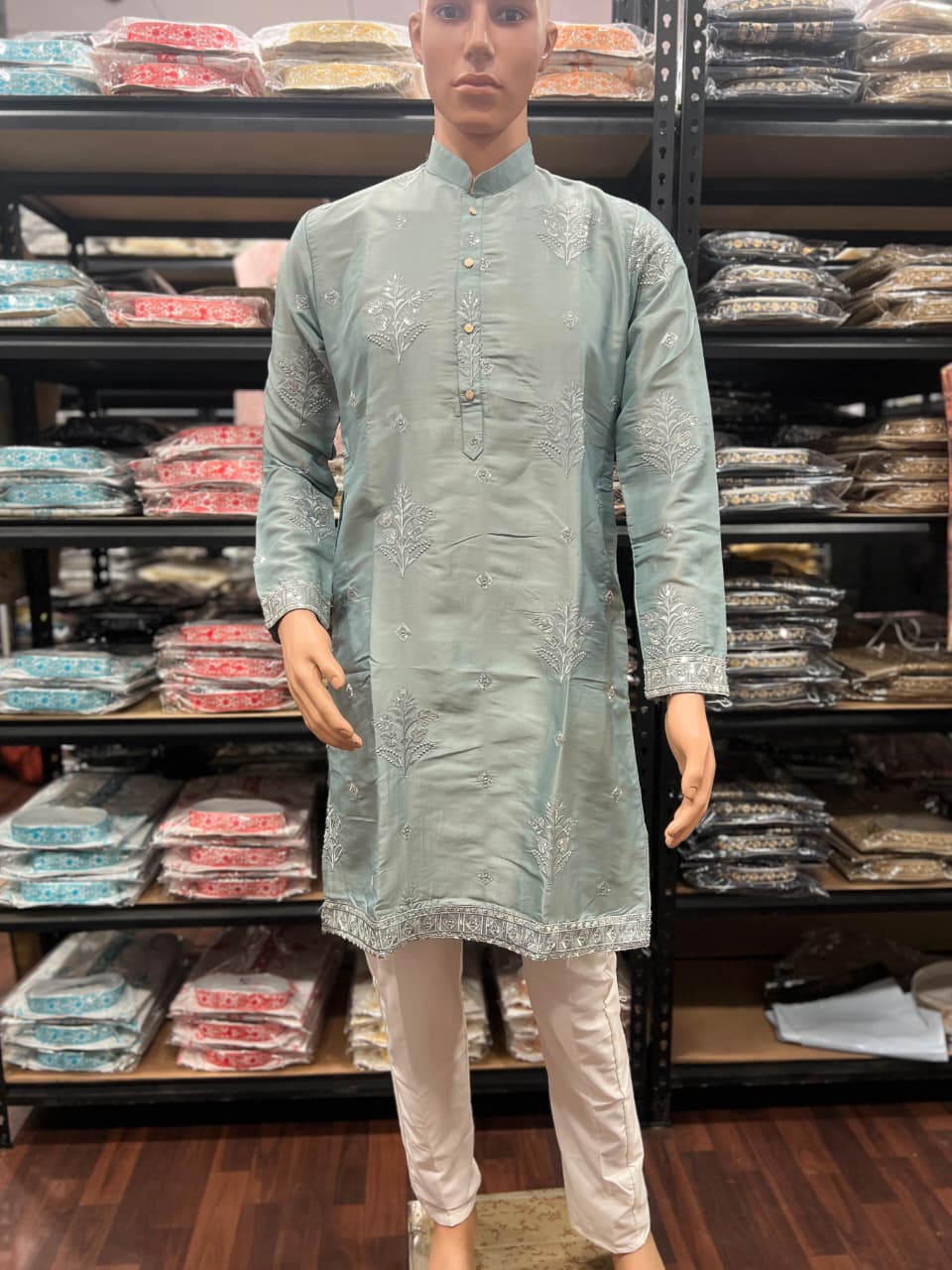 Light Green Pure Earth Silk Heavy Embroidery Sequins Work Kurta Pajama