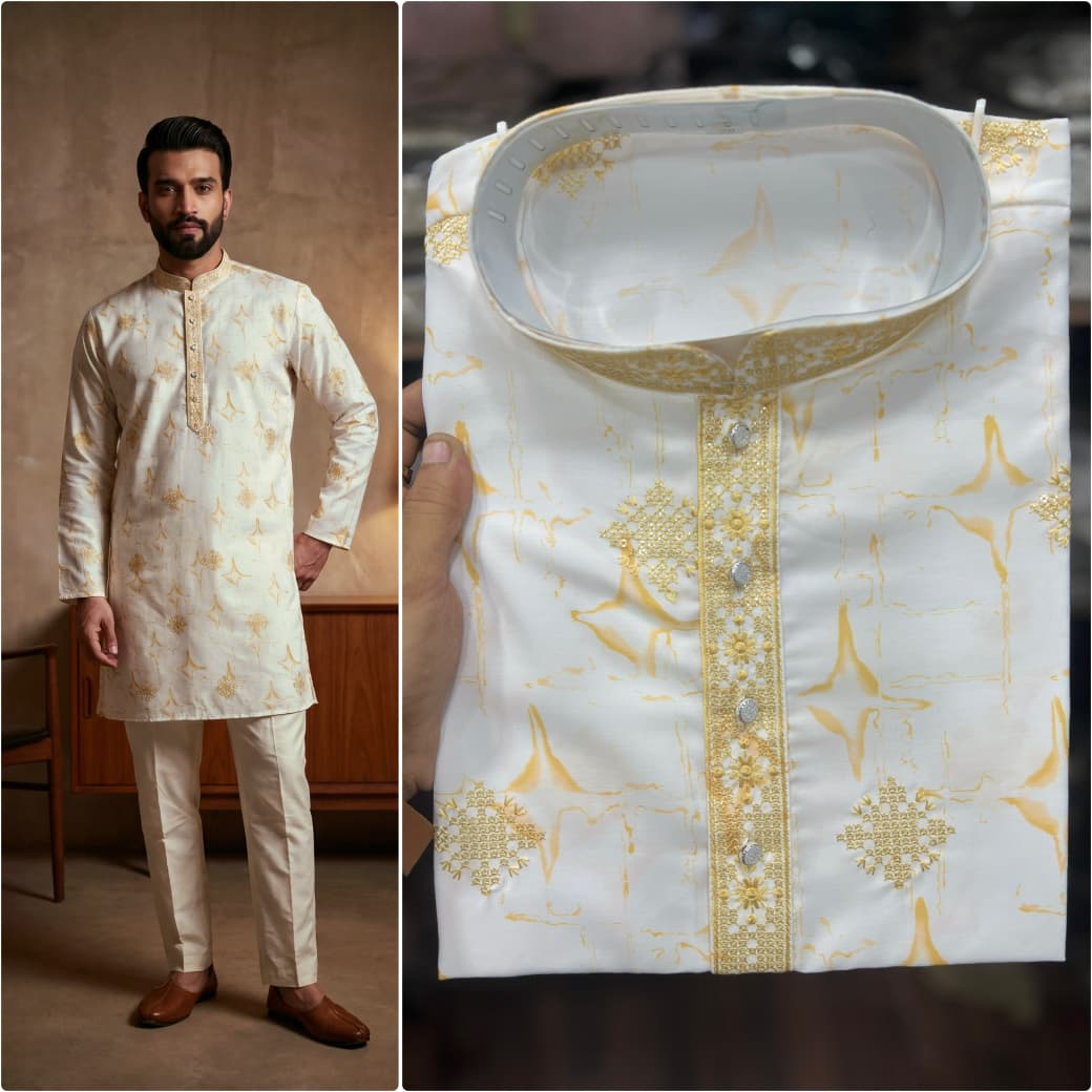 Yellow Pure Star Silk Heavy Embroidery Sequins Work Kurta Pajama