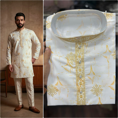 Yellow Pure Star Silk Heavy Embroidery Sequins Work Kurta Pajama