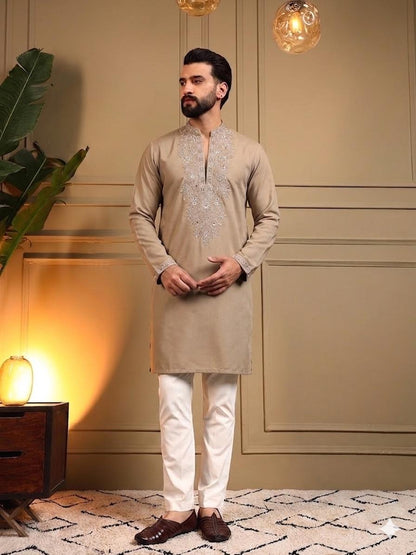 Brown Pure Star Silk Heavy Embroidery Sequins Work Kurta Pajama