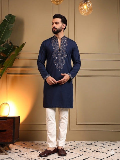 Blue Pure Star Silk Heavy Embroidery Sequins Work Kurta Pajama
