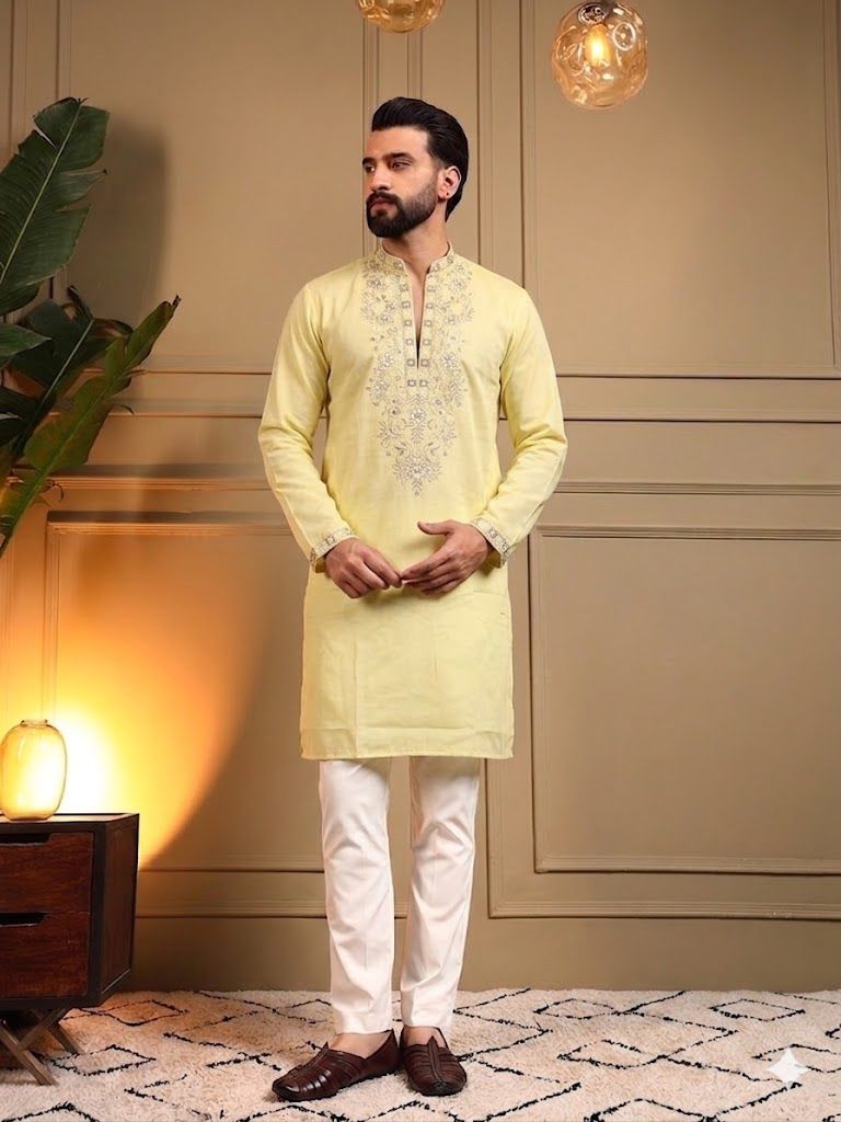 Yellow Pure Star Silk Heavy Embroidery Sequins Work Kurta Pajama