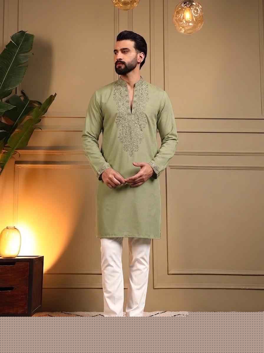 Green Pure Star Silk Heavy Embroidery Sequins Work Kurta Pajama