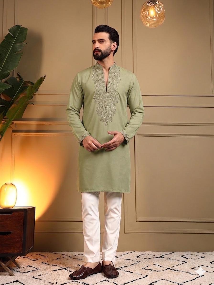 Green Pure Star Silk Heavy Embroidery Sequins Work Kurta Pajama