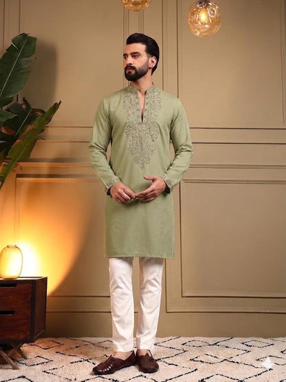 Green Pure Star Silk Heavy Embroidery Sequins Work Kurta Pajama