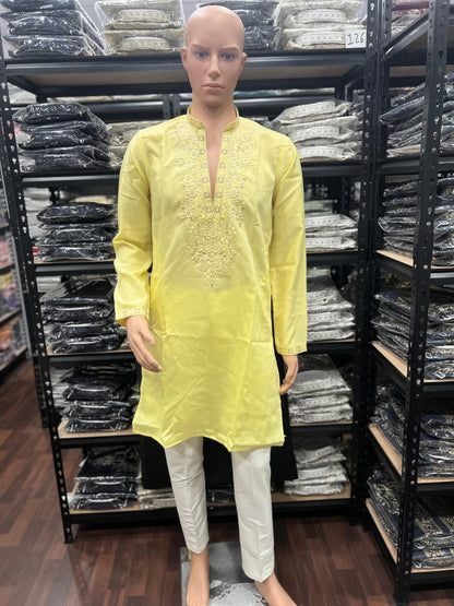 Yellow Pure Star Silk Heavy Embroidery Sequins Work Kurta Pajama