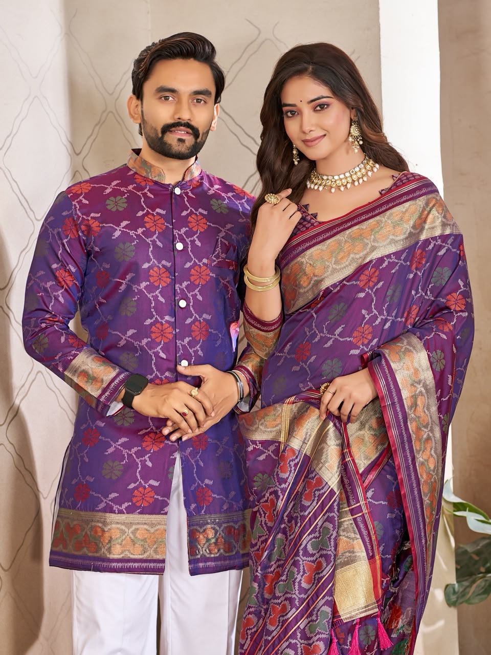 Purple Pure Premium Patola Silk Saree With Silk Kurta Pajama Matching Couple Combo Set