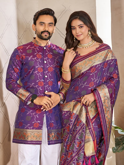 Purple Pure Premium Patola Silk Saree With Silk Kurta Pajama Matching Couple Combo Set