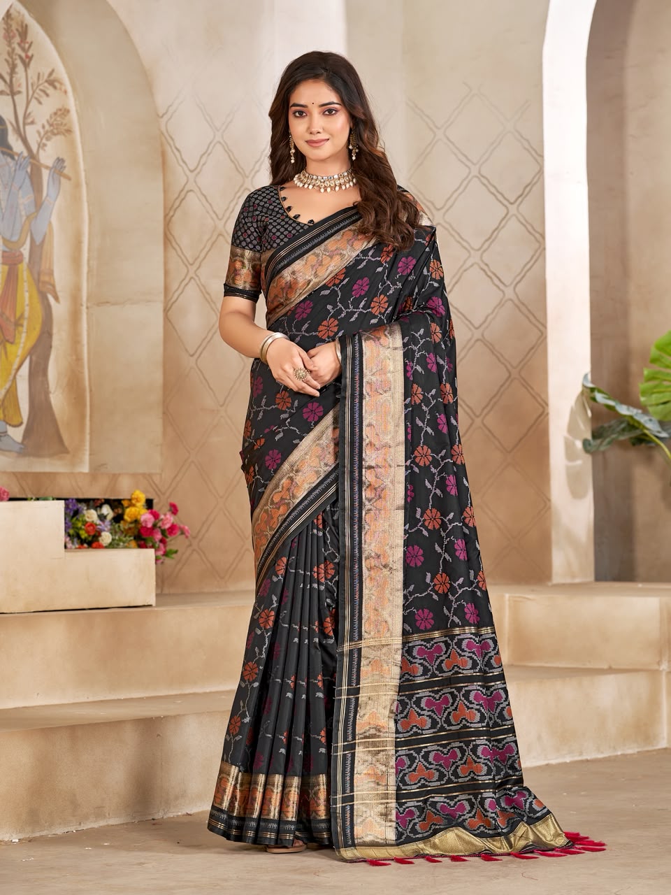 Black Pure Premium Patola Silk Saree With Silk Kurta Pajama Matching Couple Combo Set