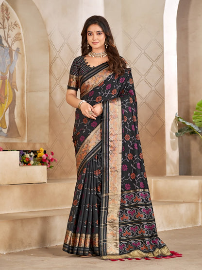 Black Pure Premium Patola Silk Saree With Silk Kurta Pajama Matching Couple Combo Set