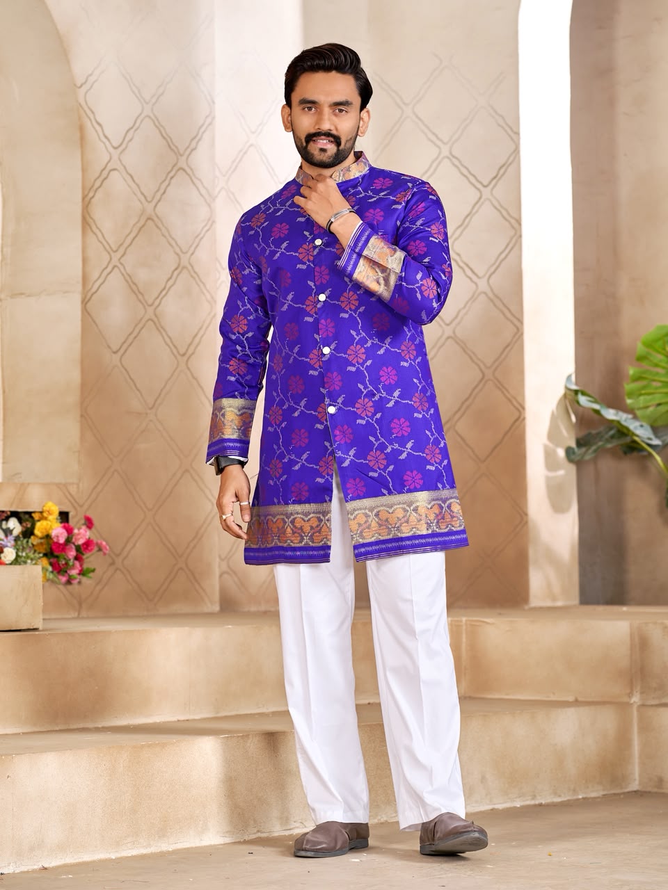 Blue Pure Premium Patola Silk Saree With Silk Kurta Pajama Matching Couple Combo Set
