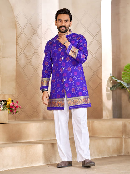 Blue Pure Premium Patola Silk Saree With Silk Kurta Pajama Matching Couple Combo Set
