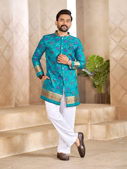 Sky Pure Premium Patola Silk Saree With Silk Kurta Pajama Matching Couple Combo Set