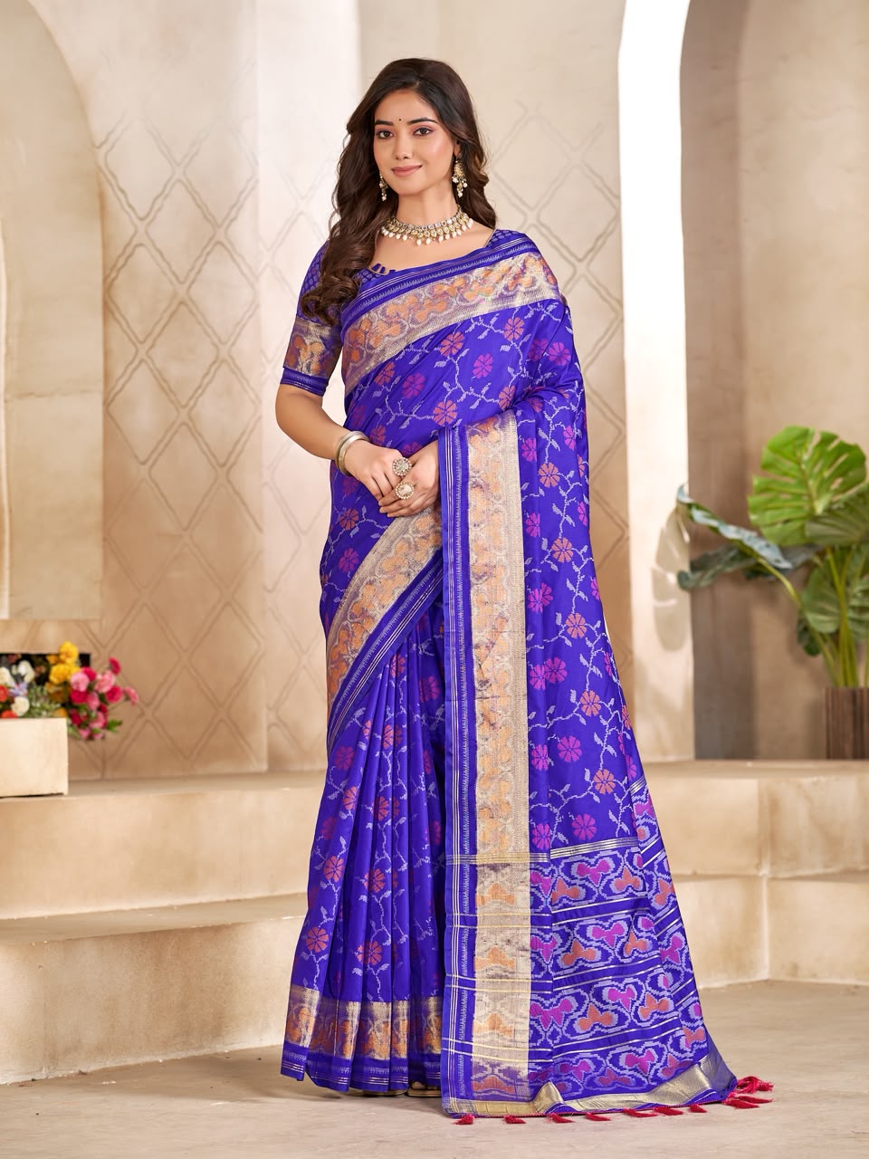 Blue Pure Premium Patola Silk Saree With Silk Kurta Pajama Matching Couple Combo Set