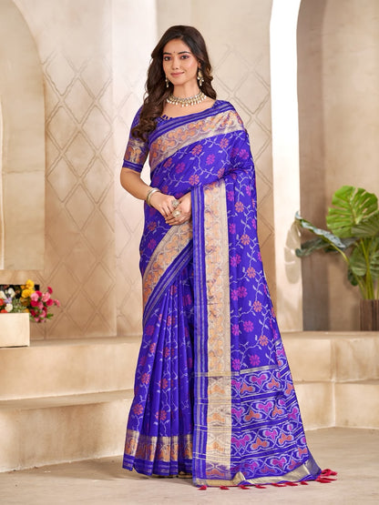 Blue Pure Premium Patola Silk Saree With Silk Kurta Pajama Matching Couple Combo Set