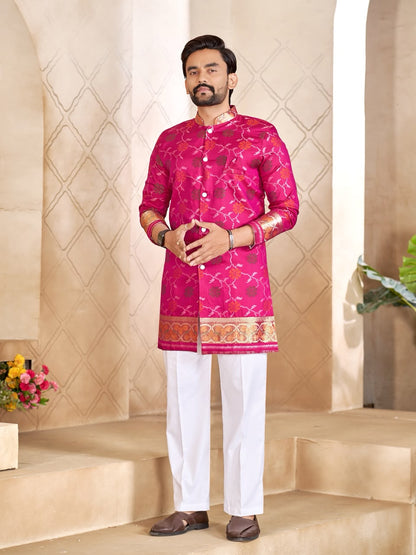 Pink Pure Premium Patola Silk Saree With Silk Kurta Pajama Matching Couple Combo Set