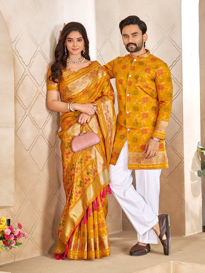 Yellow Pure Premium Patola Silk Saree With Silk Kurta Pajama Matching Couple Combo Set