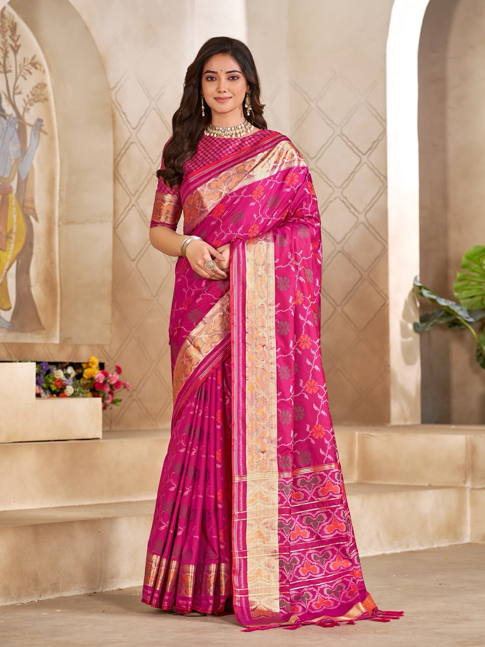 Pink Pure Premium Patola Silk Saree With Silk Kurta Pajama Matching Couple Combo Set