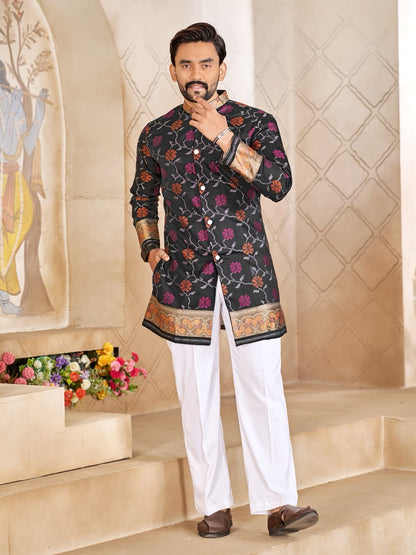 Black Pure Premium Patola Silk Saree With Silk Kurta Pajama Matching Couple Combo Set