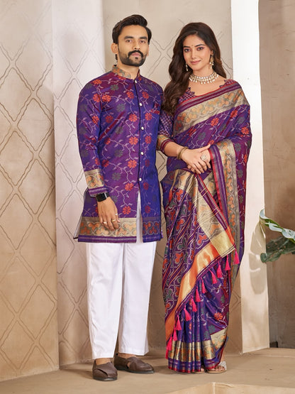 Purple Pure Premium Patola Silk Saree With Silk Kurta Pajama Matching Couple Combo Set