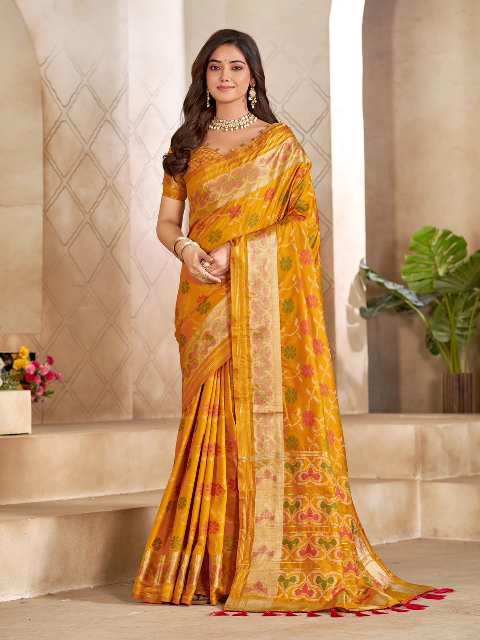 Yellow Pure Premium Patola Silk Saree With Silk Kurta Pajama Matching Couple Combo Set