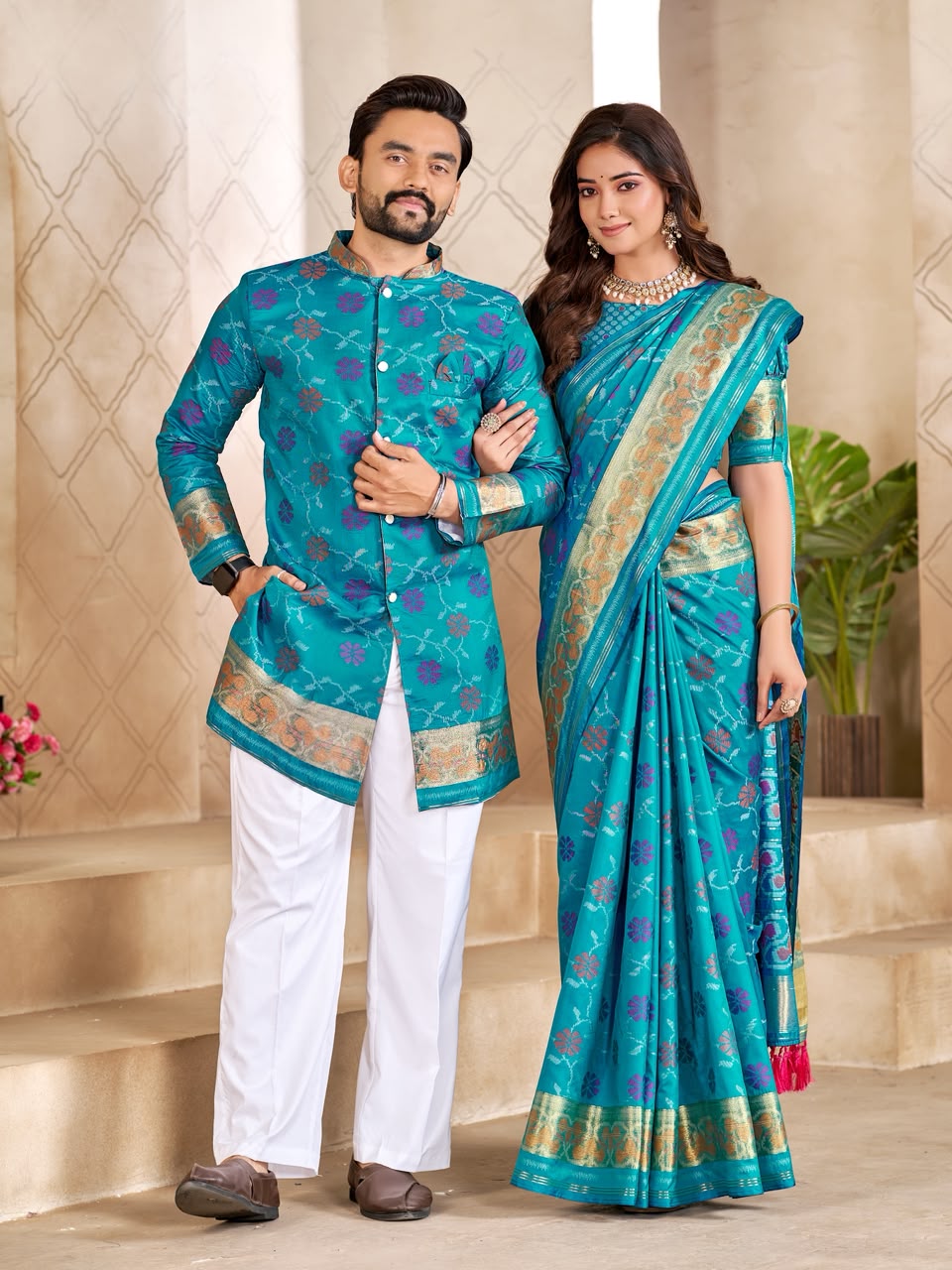 Sky Pure Premium Patola Silk Saree With Silk Kurta Pajama Matching Couple Combo Set