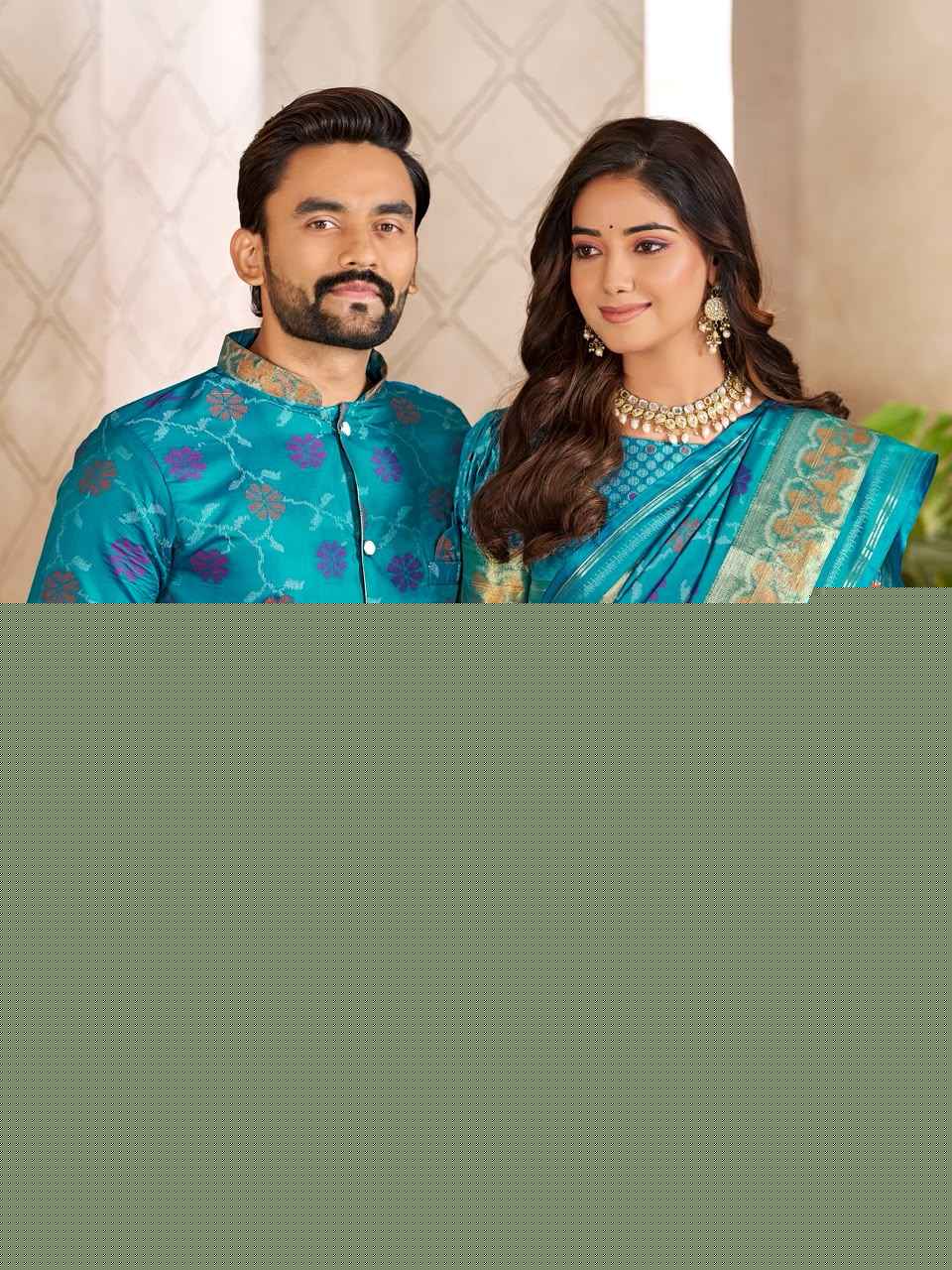 Sky Pure Premium Patola Silk Saree With Silk Kurta Pajama Matching Couple Combo Set
