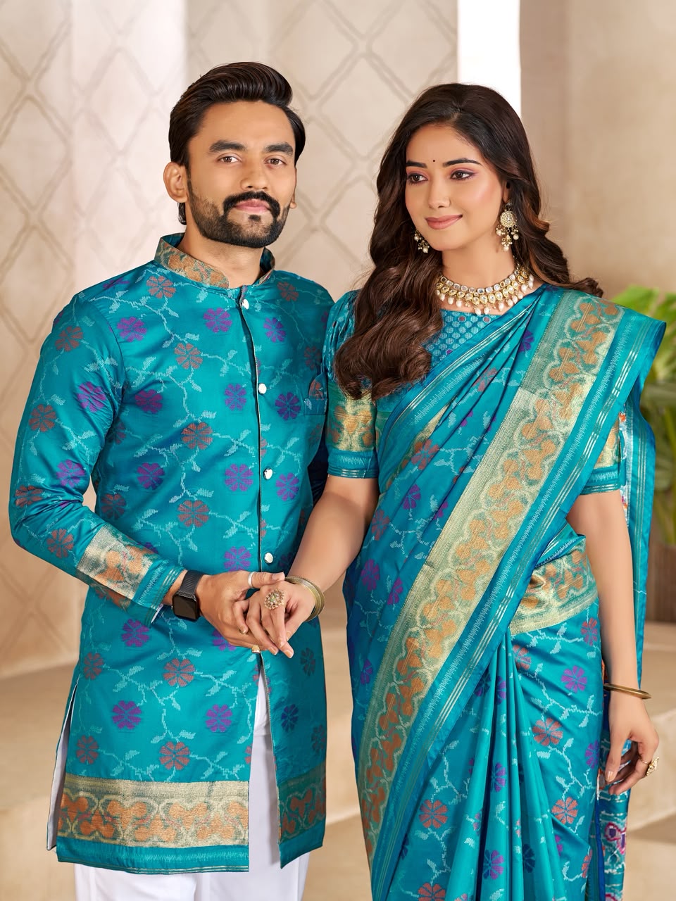 Sky Pure Premium Patola Silk Saree With Silk Kurta Pajama Matching Couple Combo Set