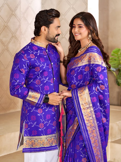 Blue Pure Premium Patola Silk Saree With Silk Kurta Pajama Matching Couple Combo Set