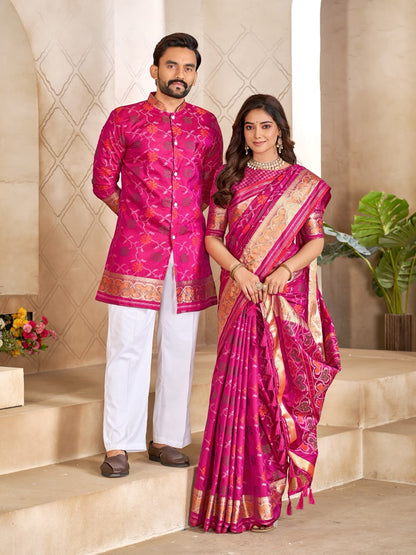 Pink Pure Premium Patola Silk Saree With Silk Kurta Pajama Matching Couple Combo Set