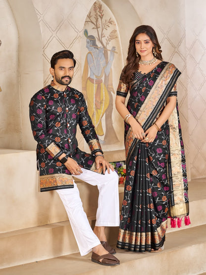 Black Pure Premium Patola Silk Saree With Silk Kurta Pajama Matching Couple Combo Set