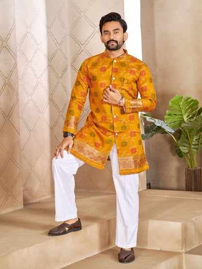 Yellow Pure Premium Patola Silk Saree With Silk Kurta Pajama Matching Couple Combo Set