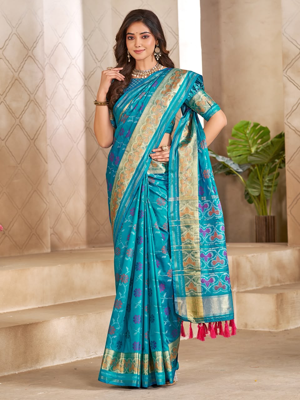 Sky Pure Premium Patola Silk Saree With Silk Kurta Pajama Matching Couple Combo Set