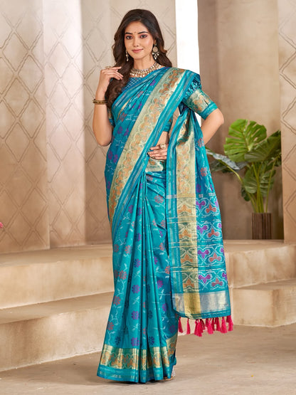 Sky Pure Premium Patola Silk Saree With Silk Kurta Pajama Matching Couple Combo Set